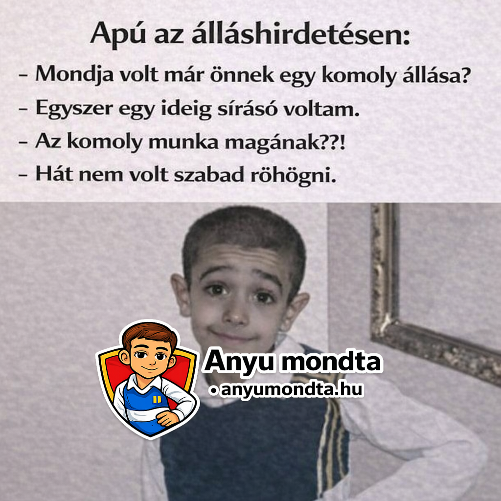 Vicces magyar mém egy állásinterjús párbeszéddel és ironikus poénnal