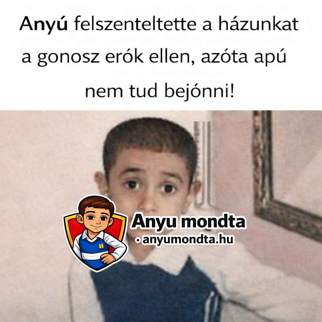 Gyermek portré vicces felirattal egy humoros családi helyzetről