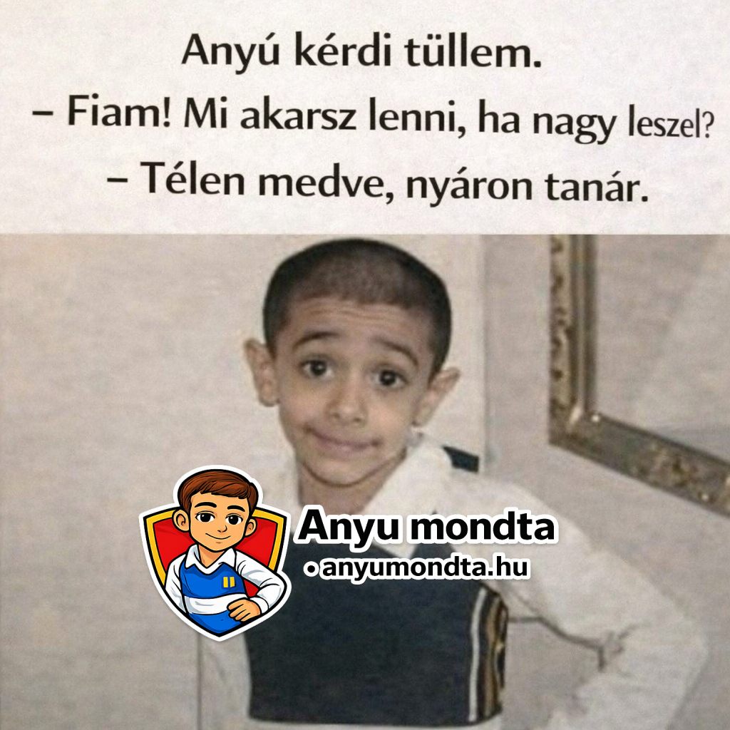 Anyú kérdi tőlem – télen medve, nyáron tanár feliratú humoros kép kisfiúval